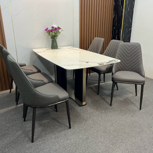 Bộ bàn ăn Ceramic Bóng cao cấp và 6 ghế nhập khẩu da đan TVP97