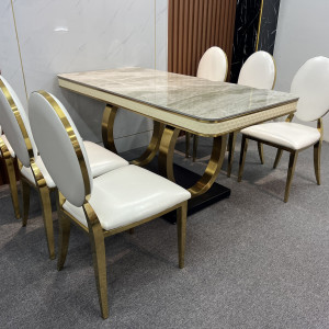 Bộ bàn ăn mặt Ceramic bóng chân và khung bằng inox mạ vàng TVP - LUX01