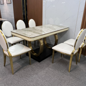 Bộ bàn ăn mặt Ceramic bóng chân và khung bằng inox mạ vàng TVP - LUX01