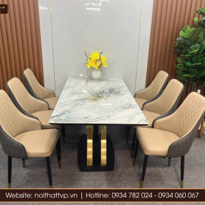 Bộ bàn ăn mặt Ceramic vân xám chân Inox  mạ vàng và ghế ăn bọc da Sky TVP-I1