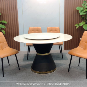 Bộ bàn ăn thông minh mặt đá tròn 6 ghế bọc da Cami màu cam