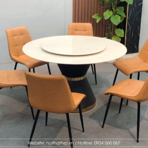 Bộ bàn ăn thông minh mặt đá tròn 6 ghế bọc da Cami màu cam