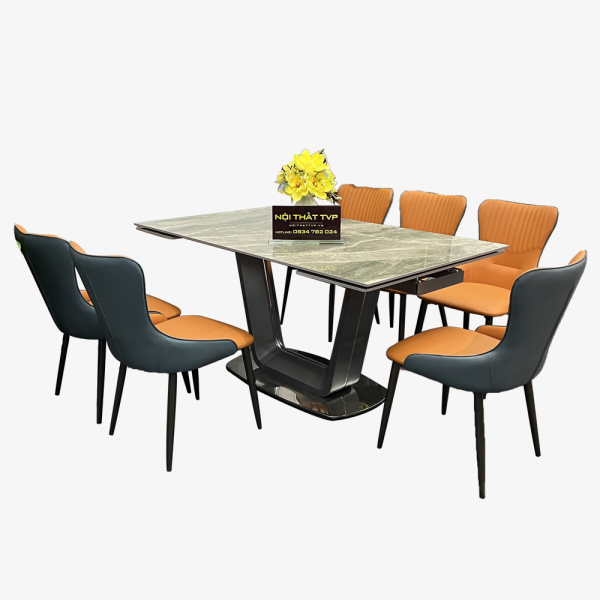 Bộ bàn ăn thông minh kéo dài 1m6 - 2m4 và 6 ghế Y58 màu cam bò
