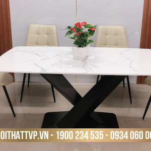 Bộ bàn ăn mặt đá marble, chân sắt chéo chữ X, ghế loft vuông cao cấp TVP