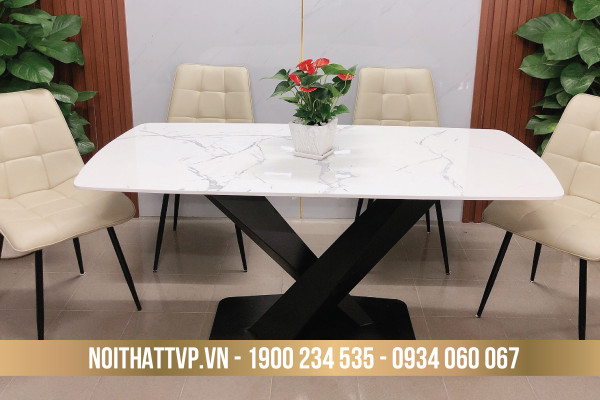 Bộ bàn ăn mặt đá marble, chân sắt chéo chữ X, ghế loft vuông cao cấp TVP
