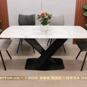 Bộ bàn ăn mặt đá trắng Marble chân sắt chữ X, ghế ăn phong cách Hàn Quốc cao cấp TVP