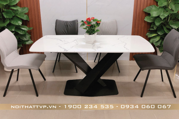 Bộ bàn ăn mặt đá trắng Marble chân sắt chữ X, ghế ăn phong cách Hàn Quốc cao cấp TVP