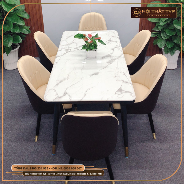 Bộ bàn ăn mặt đá cẩm thạch 6 ghế cổ điển Otomo màu kem