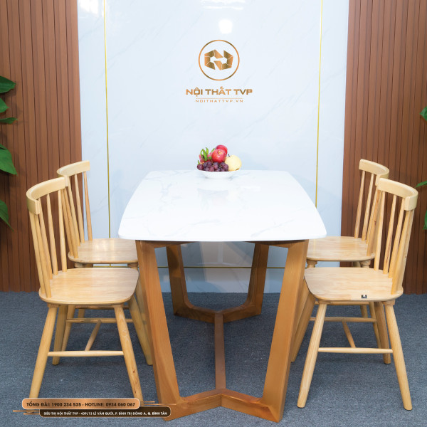 Bộ bàn ăn Concoder gỗ sồi mặt đá Marble trắng 4 ghế Rio màu tự nhiên