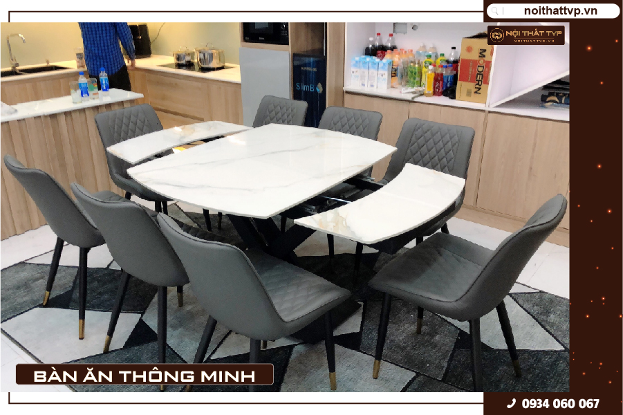 Bộ bàn ăn thông minh 1,2m thành 1,8m và 8 ghế màu xám