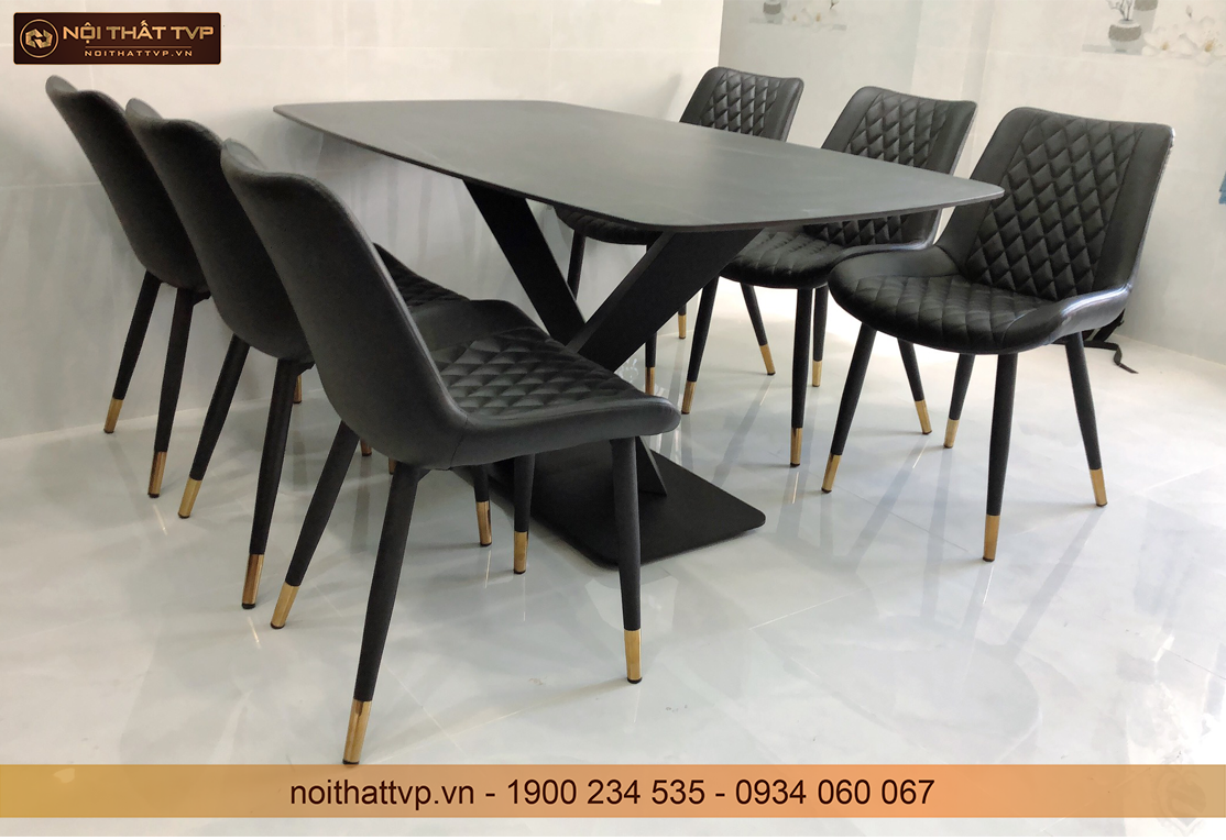 Bộ bàn ăn mặt đá ceramic 6 ghế màu đen