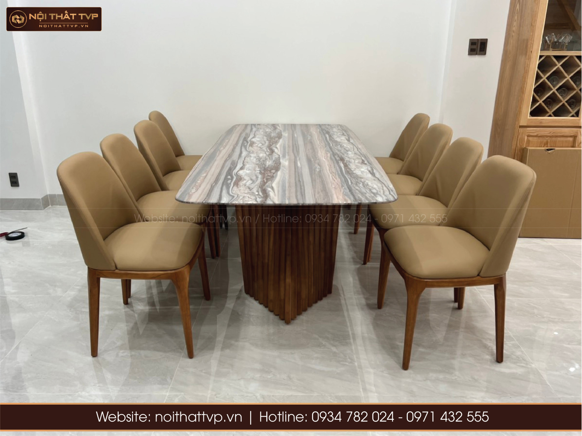 bộ bàn ăn mặt đá cẩm thạch 2,2m và 8 ghế